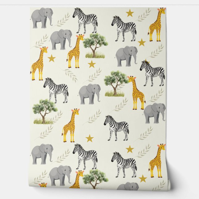 Soft Beige Safari Nursery Wallpaper – Jungle  Wallpaper (Unrolling)