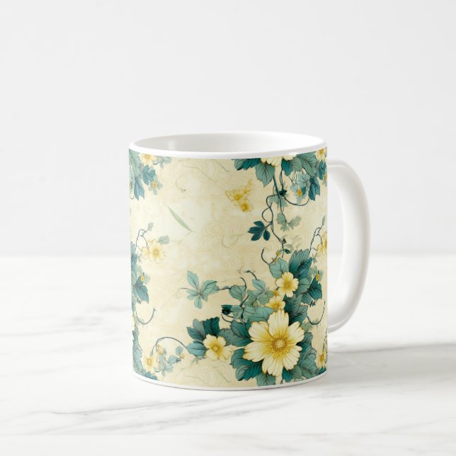 Soft Beige Teal Daisy Cottage Floral Coffee Mug (Front Right)