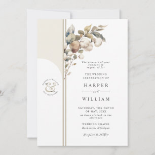 soft beige watercolor cotton & eucalyptus wedding invitation