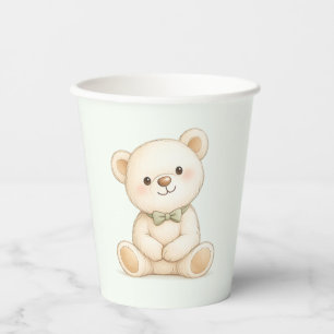 Soft beige watercolor teddy bear with sage green paper cups