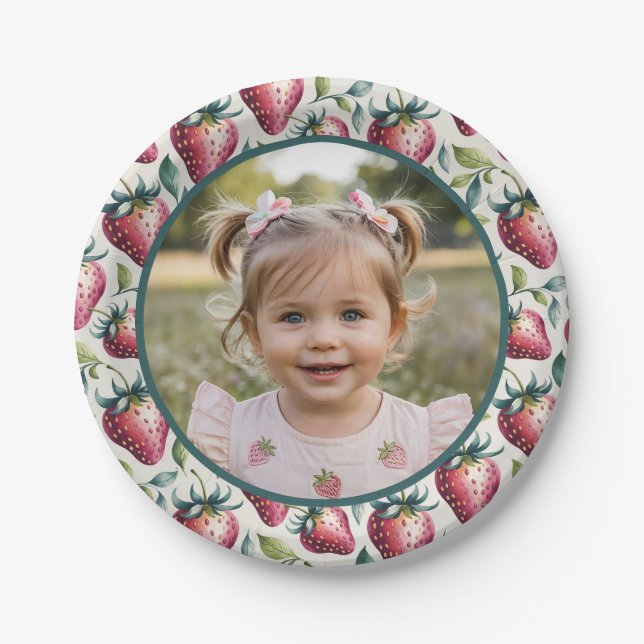 Soft Berry Sweet Strawberry Birthday Photo Paper Plates (Front)