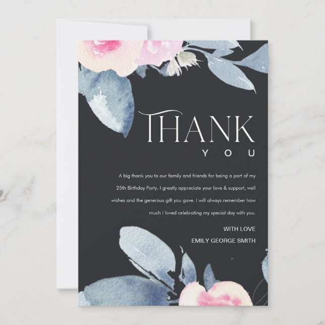SOFT BLACK BLUSH BLUE FLORAL 25TH ANY AGE BIRTHDAY THANK YOU CARD (Front)