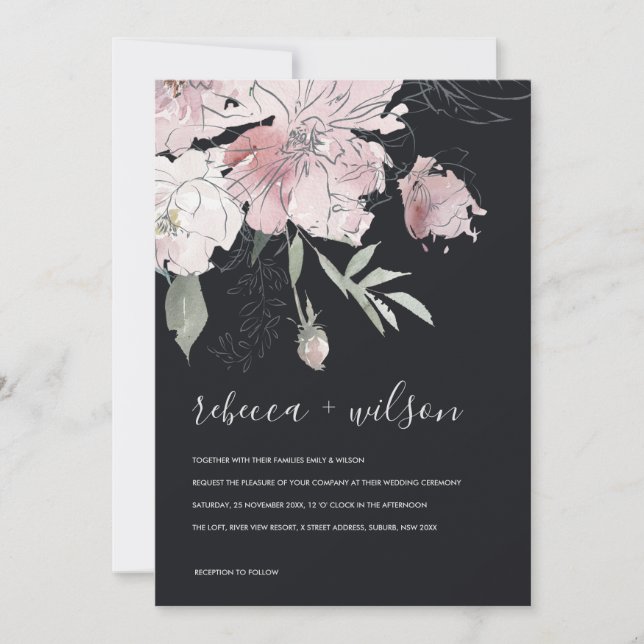 SOFT BLACK BLUSH WATERCOLOR FLORAL WEDDING INVITE (Front)