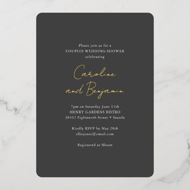 Soft Black Gold Script Chic Couples Wedding Shower Foil Invitation (Front)