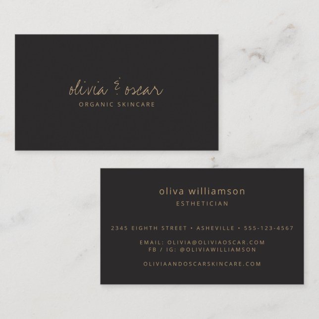 Soft Black Gold Script Skincare Esthetician  Business Card (Front/Back)
