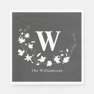 Soft Black Gray Floral Monogram Custom Family Name Napkins