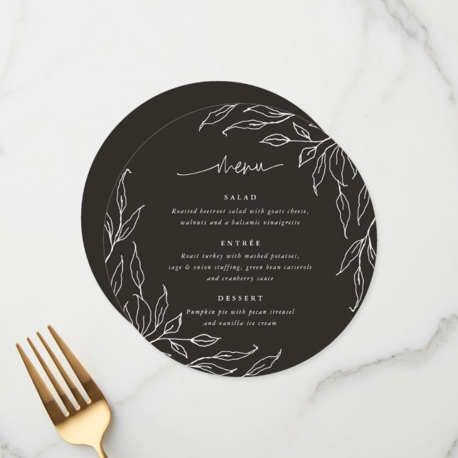 Soft Black Leaf Motif Thanksgiving Dinner Round Menu (Front/Back In Situ)