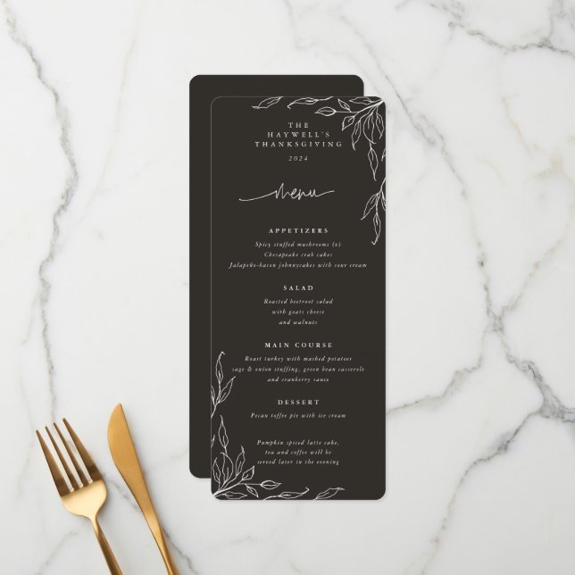 Soft Black Leaf Motif Thanksgiving Flat 4 Course Menu (Front/Back In Situ)
