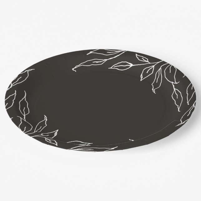 Soft Black Leaf Motif Thanksgiving Party Paper Plates (Angled)