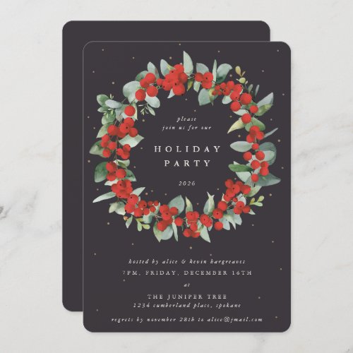 Soft Black Red BerriesEucalyptus Christmas Party Invitation