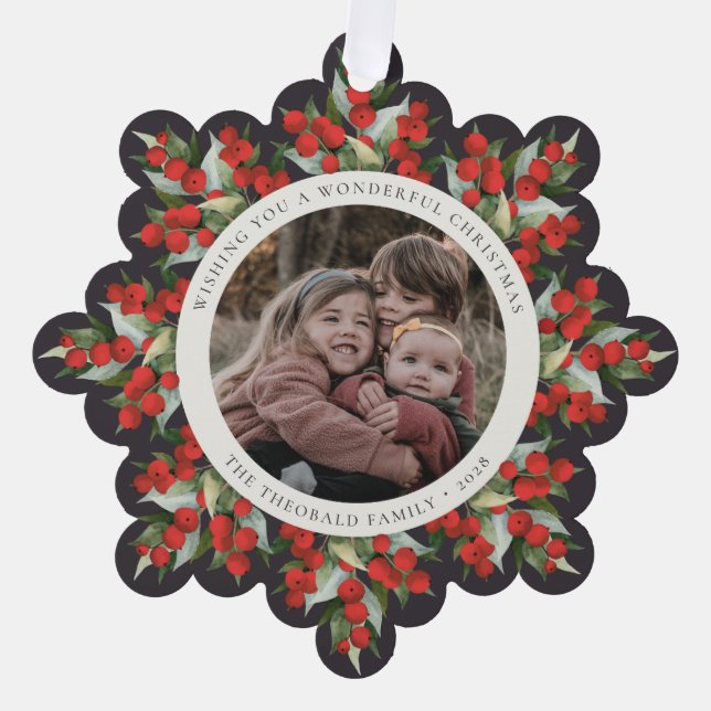 Soft Black Red Berries+Greenery Christmas Paper Ornament Card (Front)
