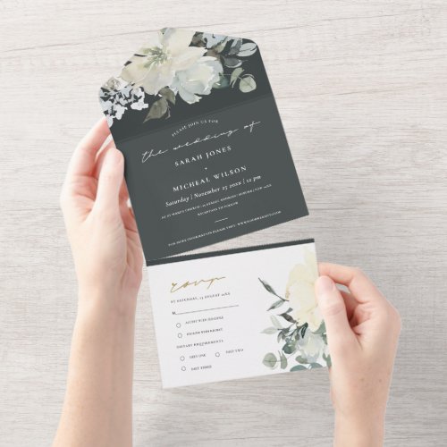SOFT BLACK WHITE FLORAL WATERCOLOR BUNCH WEDDING ALL IN ONE INVITATION