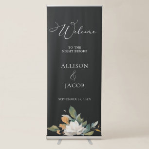 Soft Black White Lush Floral Wedding Welcome Retractable Banner