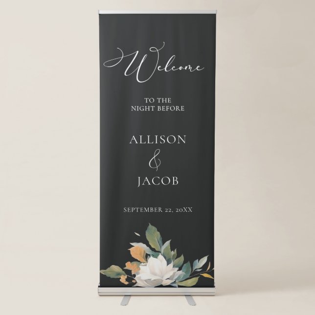 Soft Black White Lush Floral Wedding Welcome Retractable Banner (Front)
