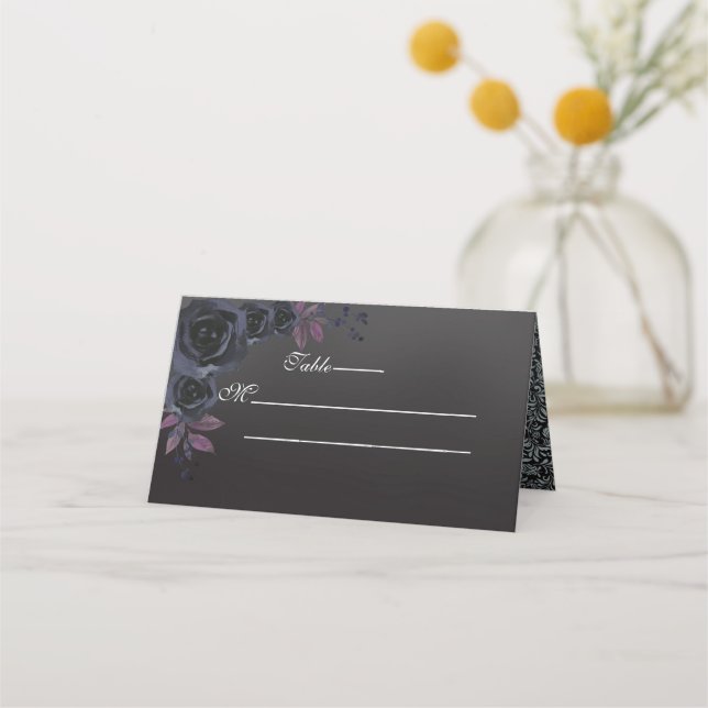 Soft Black With Black Rose Wedding Place Card (Front)