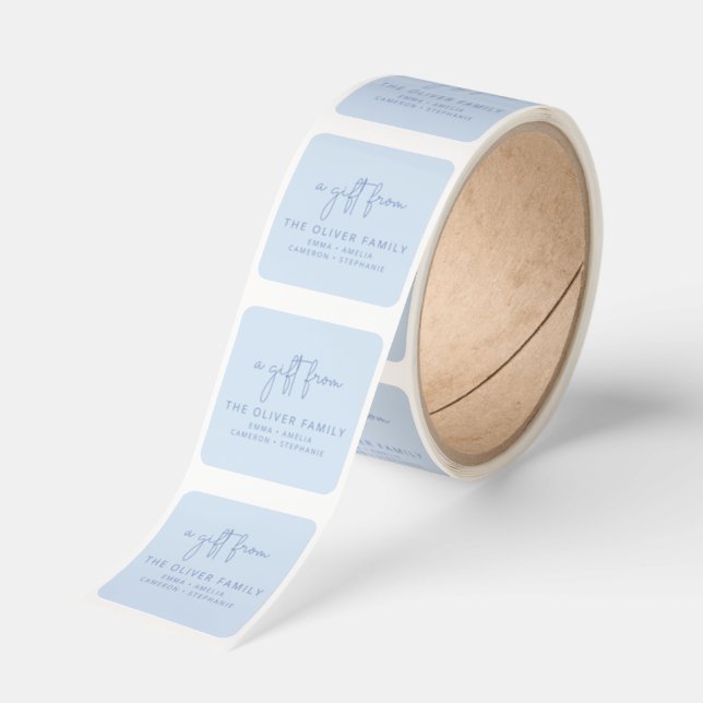 Soft Blue A Gift From Family Names Script Custom Square Sticker (Roll)