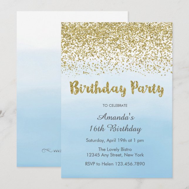 Soft Blue and Gold Birthday Invitation (Front/Back)