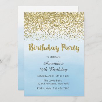 Soft Blue And Gold Birthday Invitation by melanileestyle at Zazzle