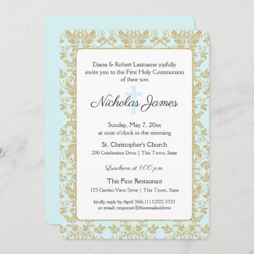 Soft Blue and Gold Damask First Communion Invitation