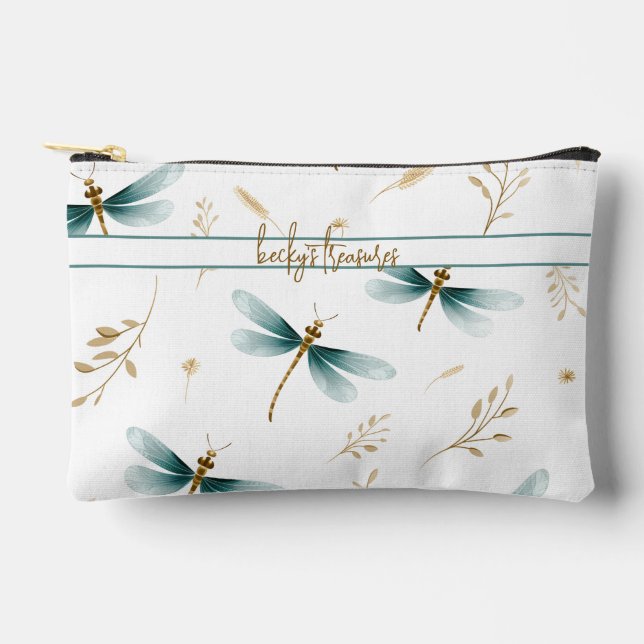 Soft Blue and Gold Pattern of Dragonflies Accessory Pouch (Front)