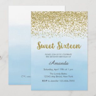 Soft Blue and Gold Sweet 16 Birthday Invitation