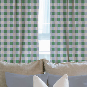 Soft Blue and Green Hand-Drawn Checkered Plaid Sheer Curtains