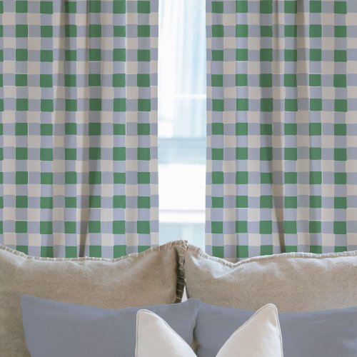 Soft Blue and Green Hand_Drawn Checkered Plaid  Sheer Curtains