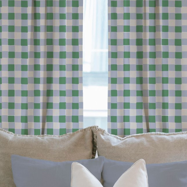 Soft Blue and Green Hand-Drawn Checkered Plaid  Sheer Curtains (Soft Blue and Green Hand-Drawn Checkered Plaid Curtains)