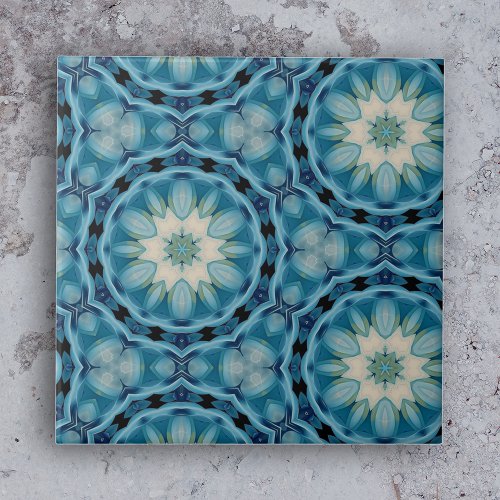 Soft Blue and Indigo Geometric Shapes Floral Motif Ceramic Tile