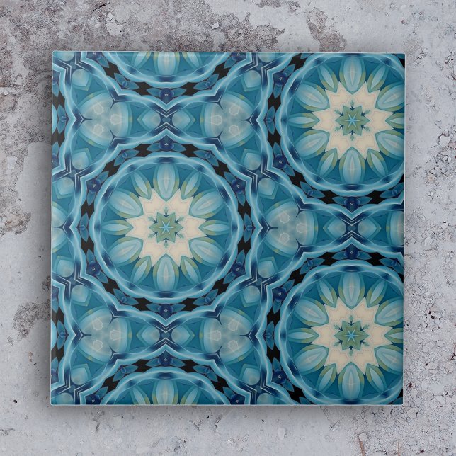 Soft Blue and Indigo Geometric Shapes Floral Motif Ceramic Tile (Creator Uploaded)