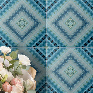 Soft Blue and Indigo Kaleidoscope Geometric Shapes Ceramic Tile