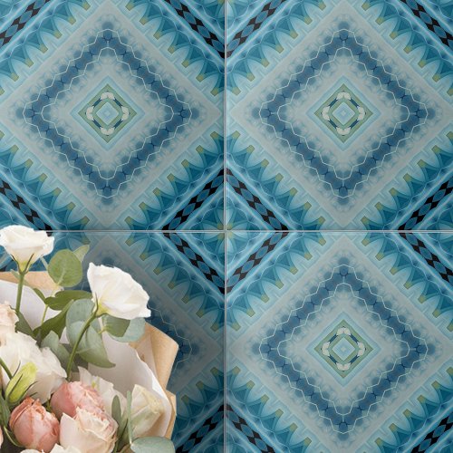 Soft Blue and Indigo Kaleidoscope Geometric Shapes Ceramic Tile