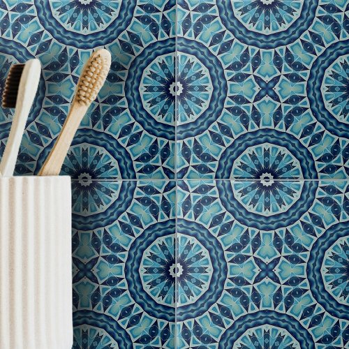 Soft Blue and Indigo Mosaic Geometric Shapes Ceramic Tile
