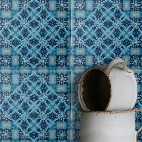 Soft Blue and Indigo Symmetrical Geometric Pattern Ceramic Tile