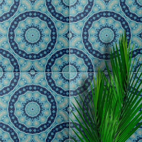 Soft Blue and Indigo Symmetrical Geometric Shapes Ceramic Tile