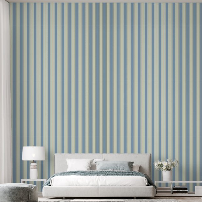 Soft blue and ivory ticking wallpaper  (Bedroom)