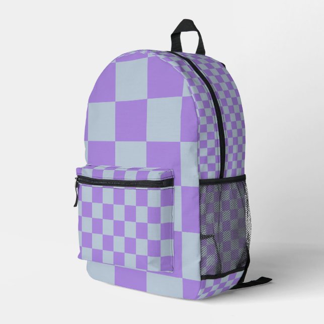 Soft Blue and Lavender Checkered Printed Backpack (Back Corner Right)