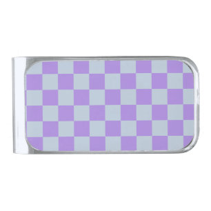 Soft Blue and Lavender Checkered Silver Finish Money Clip