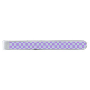 Soft Blue and Lavender Checkered Silver Finish Tie Bar