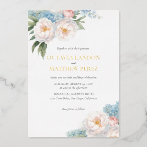 Soft Blue and Pink Flowers classic Botanical  Foil Invitation