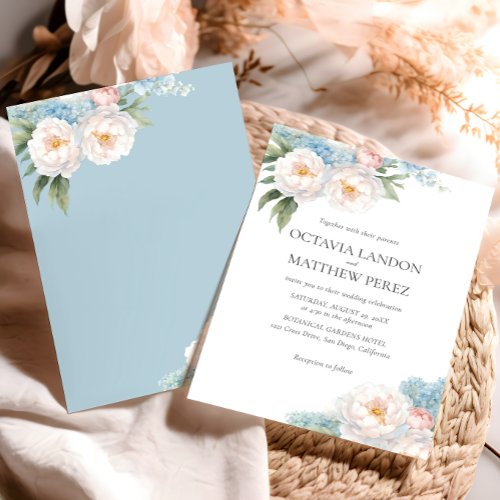 Soft Blue and Pink Flowers classic Botanical  Invitation
