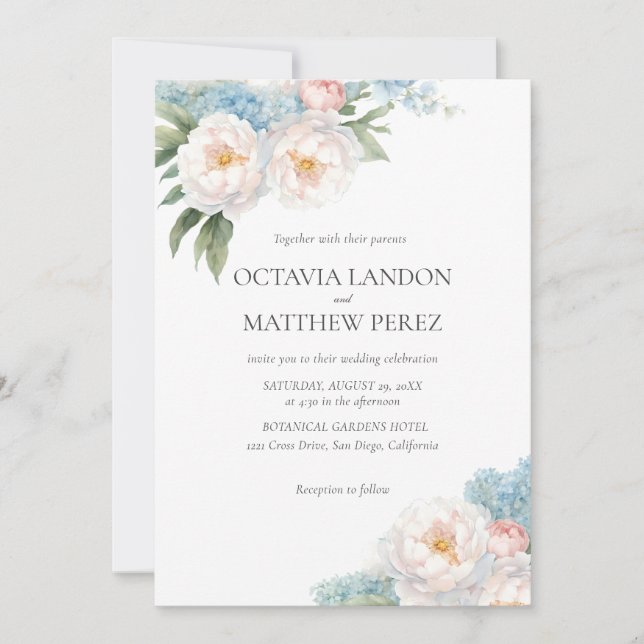 Soft Blue and Pink Flowers classic Botanical PHOTO Invitation (Front)