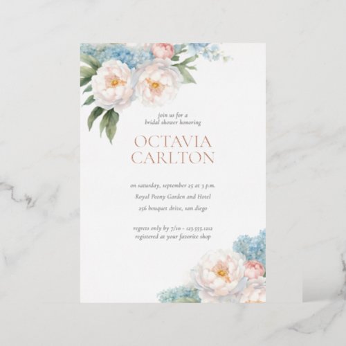 Soft Blue and Pink Flowers classic Bridal Shower Foil Invitation