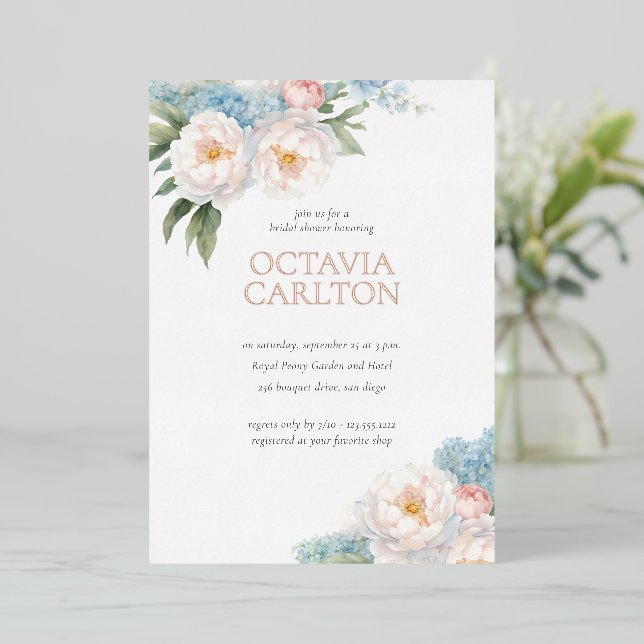 Soft Blue and Pink Flowers classic Bridal Shower Foil Invitation (Standing Front)
