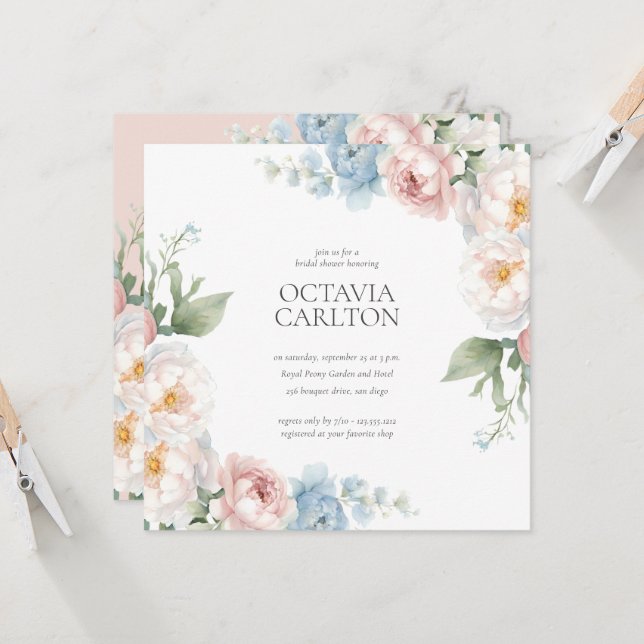 Soft Blue and Pink Flowers classic Bridal Shower Invitation (Front/Back In Situ)
