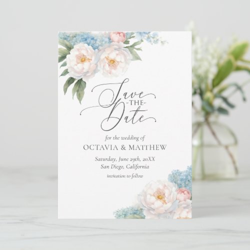 Soft Blue and Pink Flowers Script WEDDING  Save The Date