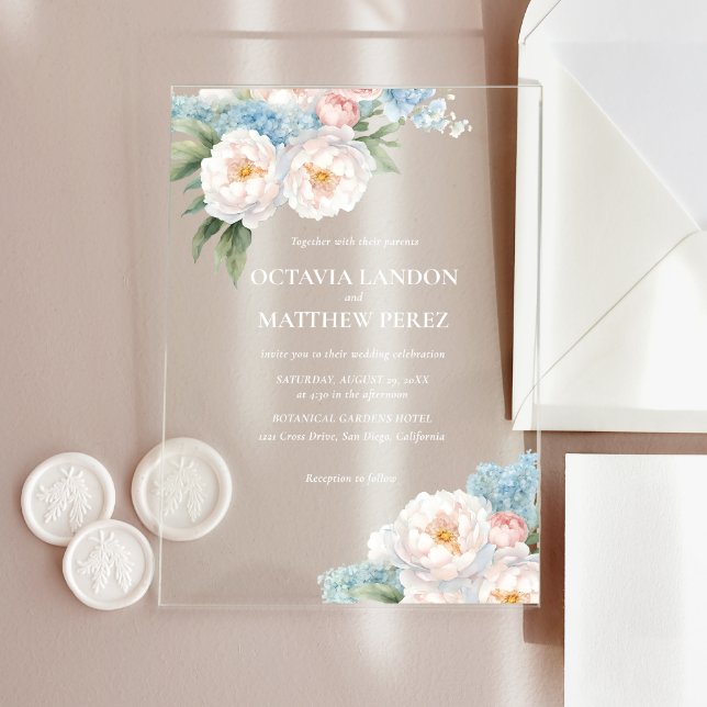 Soft Blue and Pink Flowers Spring Botanical Acrylic Invitations (Creator Uploaded)
