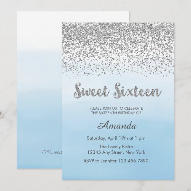 Soft Blue and Silver Sweet 16 Birthday Invitation (Front/Back)
