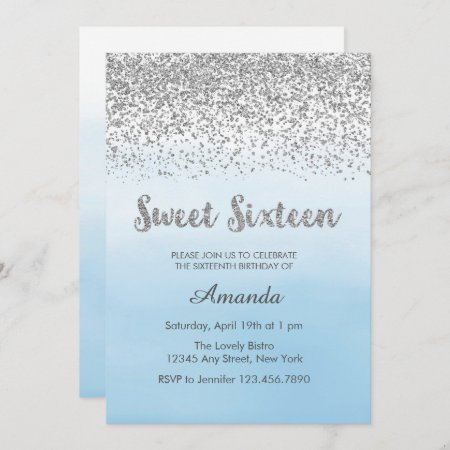 Soft Blue And Silver Sweet 16 Birthday Invitation