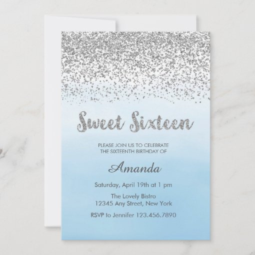 Soft Blue and Silver Sweet 16 Birthday Invitation | Zazzle